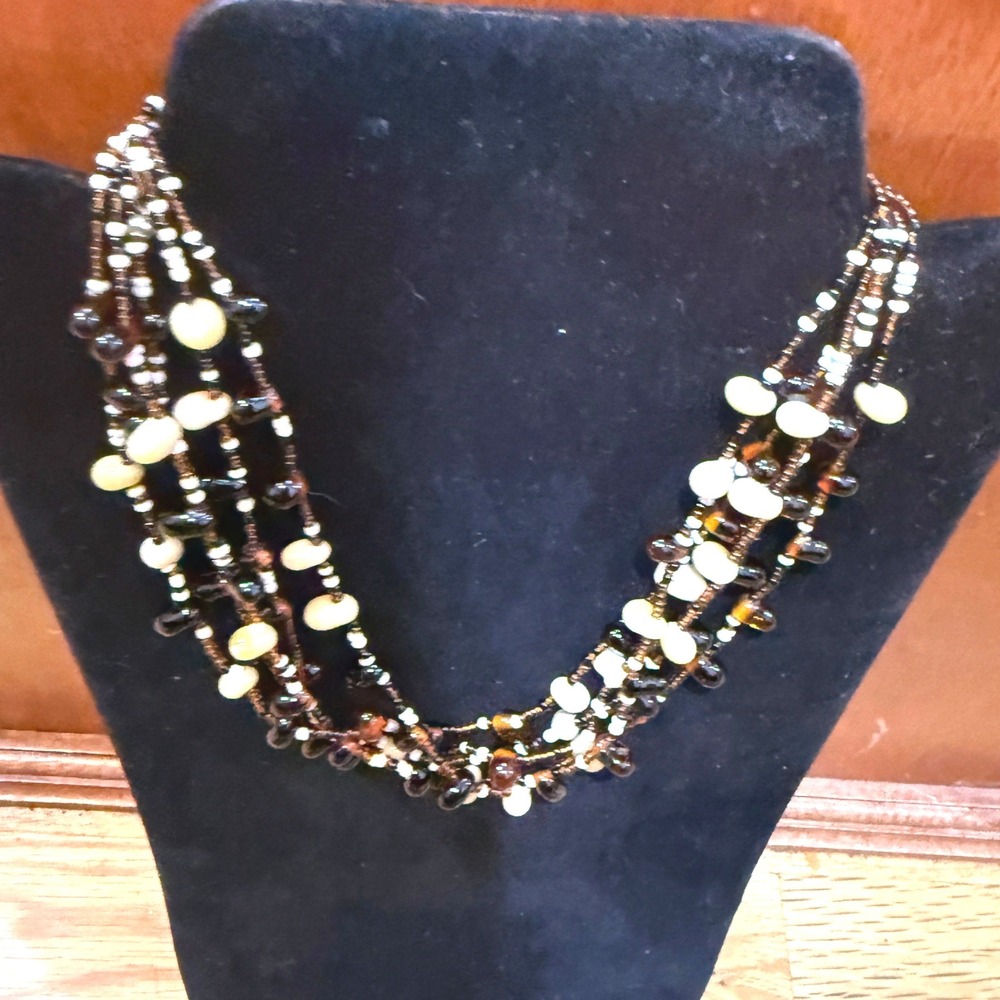 Multi Strand Beaded Necklace Earth Tones Amber Cream Brown 16.5 Inch